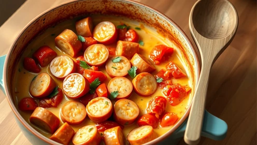 Falukorv i ugn med krossade tomater och grädde