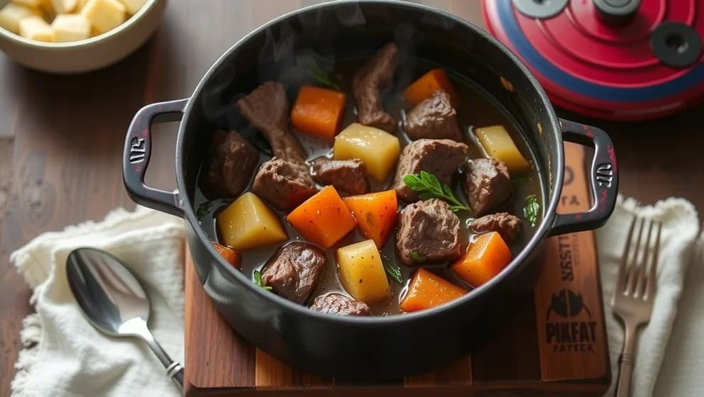 Gryta med högrev och rotfrukter som familjen älskar