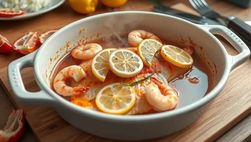 Hälleflundra i ugn med räkor