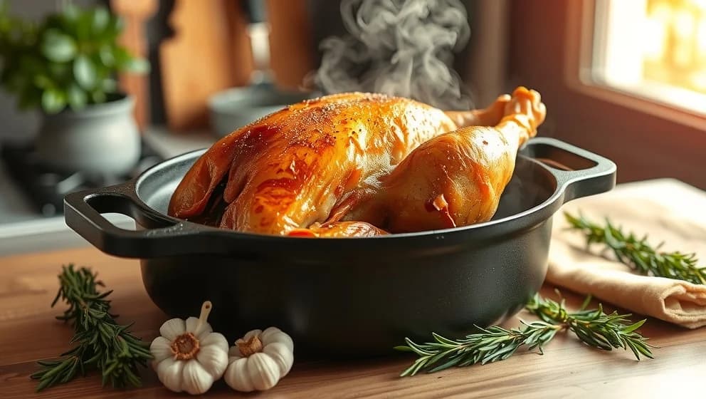 Hel kyckling i gjutjärnsgryta i ugn