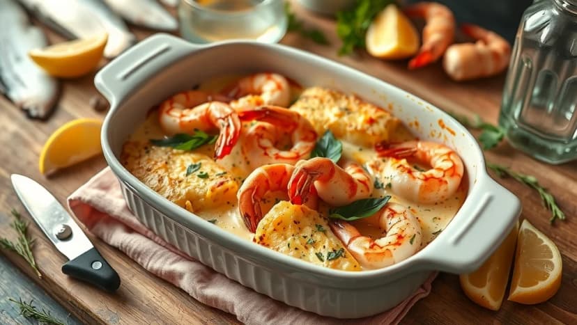 Lyxig fiskgratäng med räkor hemma