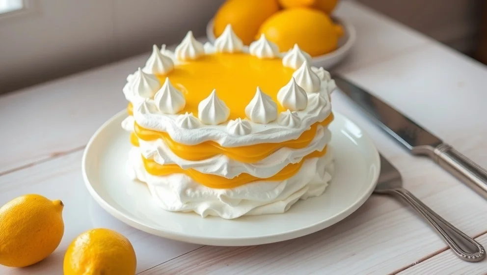 Marängtårta med lemon curd på färdiga bottnar