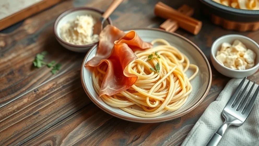 Pasta med lufttorkad skinka hemma