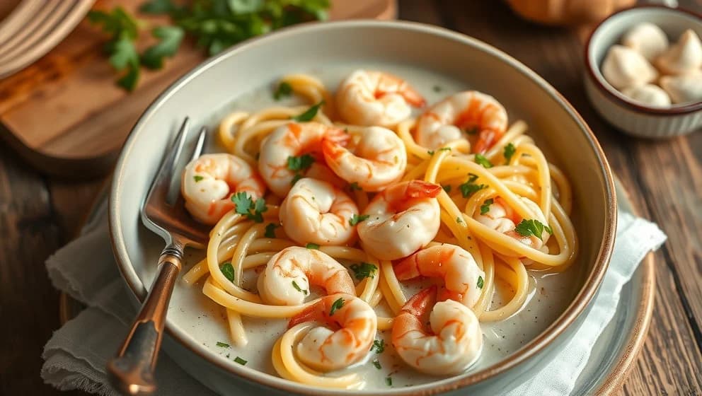 Pasta med räkor och vitlöksgrädde hemma