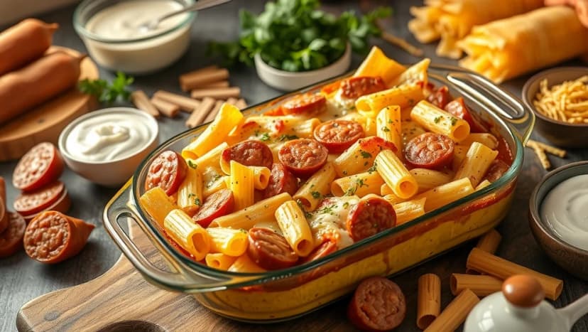 Pastagratäng med korv och crème fraiche