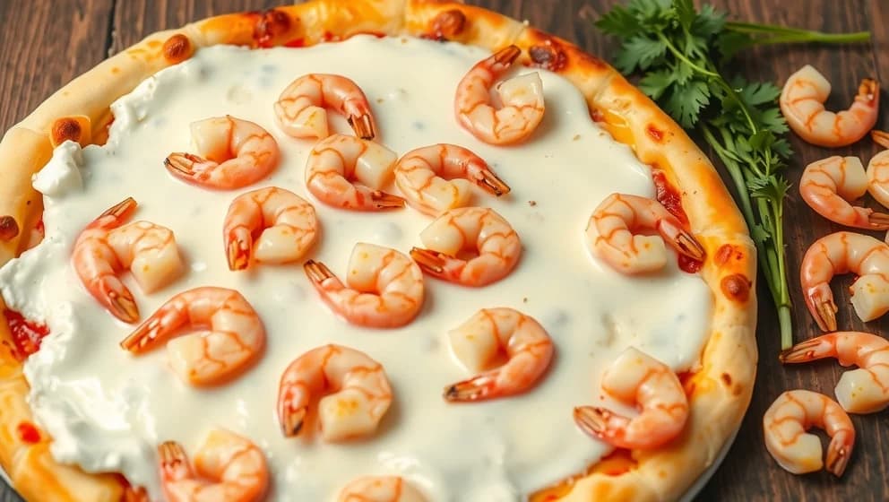 Räksallad och mozzarella på pizza